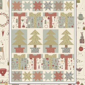 May include: A Christmas-themed quilt with a cream background. The quilt features a repeating pattern of Christmas trees, gift boxes, and star shapes in red, green, and blue. The text "All Wrapped Up" and "by Coach House Designs" are also visible.