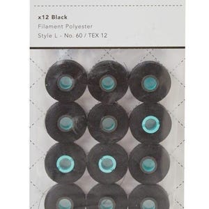 May include: A package of 12 black Magna-Glide Classic magnetic core pre-wound bobbins. The bobbins are filament polyester, style L, No. 60/TEX 12.  Made in America, Stitched by All.