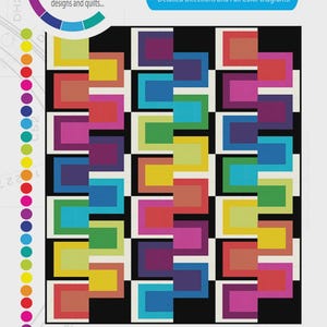 May include: A colorful quilt pattern with rectangular blocks in shades of yellow, green, blue, purple, and red, set against a black and white grid. The text reads "colourwerx" and "ModBox". The cover quilt is 72" x 84".