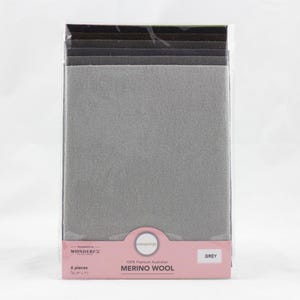 May include: A package of six 100% premium Australian merino wool felt squares in grey. The package is labeled "Wonderfil" and "Merino Wool".