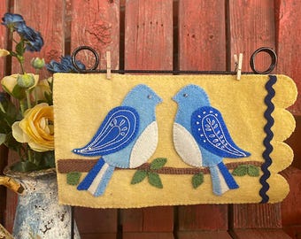 Bluebirds Mug Rug  Banner Kit 5" x 7" | WKITBLUE | In The Patch Designs | Wool Applique Penny Rug Primitive Folk Art | Rusty