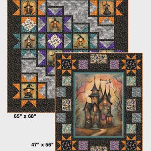 May include: Two quilts titled Spooky Spells by Pine Tree Country Quilts. One quilt measures 65 inches by 68 inches with witch illustrations and star patterns. The other quilt measures 47 inches by 56 inches featuring a haunted house illustration.
