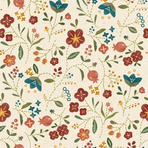 May include: A seamless pattern featuring a variety of stylized flowers and foliage in shades of red, blue, yellow, and green. The design includes flowers, berries, and leaves on a cream-colored background, creating a whimsical and botanical theme.