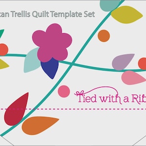 May include: A white background with a colorful floral design and the text "Tuscan Trellis Quilt Template Set" and "Tied with a Ribbon". The design includes a pink flower, teal vines, and various leaf shapes in shades of green, yellow, orange, and pink.