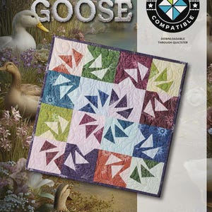 May include: A quilt pattern titled "Duck Duck Goose" featuring a colorful quilt with geometric shapes. The image includes ducks in a natural setting and the text "Quiltster Compatible". The pattern is a stashbuster and uses foundation paper piecing.
