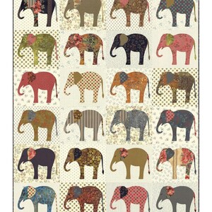 May include: A patchwork quilt featuring a repeating pattern of elephants in various colors and patterns. The quilt measures 46.5 inches by 57.5 inches and includes the word "Elephants" at the top.