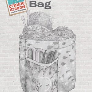 May include: A gray and white Hexy Bottom Bag, filled with yarn, knitting needles, and crochet hooks. The bag has a patterned exterior and a front pocket. The tag reads "crinkle dreams patterns by Teresa Coates".
