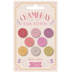 May include: A pack of eight warm-colored Chambray Basic Buttons from Tilda. The buttons are round and have a woven texture. The colors include red, pink, orange, and yellow.