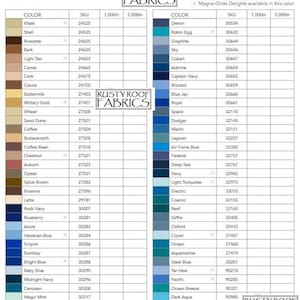 May include: A color chart for Glide 40 wt. Filament Polyester thread, featuring a wide range of colors from Rusty Roof Fabrics. The chart includes the color name, SKU number, and available lengths in meters. The chart also includes the Fil-Tec brand name and a note about Magna-Glide Delights being available in these colors.