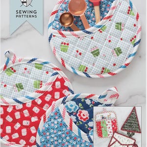 May include: A collection of colorful, quilted potholders in various patterns, including red, blue, and white designs. The image includes a red spatula and copper measuring spoons. The text "Potholder Parade" and "Sewing Patterns" are visible.