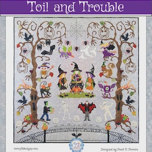 May include: A Halloween-themed quilt with the words "Toil and Trouble" at the top. The quilt features trees, witches, bats, spiders, and other spooky characters. The design includes a gate with the same text at the bottom.