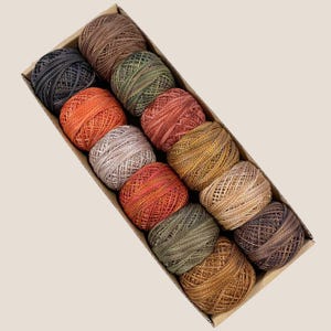 May include: A box filled with twelve spools of colorful embroidery thread. The thread colors include shades of black, brown, orange, green, and gold. The spools are neatly arranged in a cardboard box, perfect for craft projects.