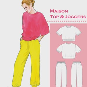 May include: Illustration of a woman wearing a pink top and yellow joggers. The image includes a pattern collection for a Maison top and joggers. Text on the image reads "The Sewing Workshop" and "Pattern Collection".