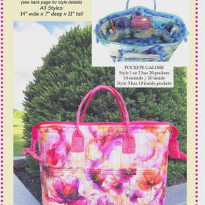 May include: A floral-patterned Gadget Grip tote bag with pink handles. The bag is 14 inches wide, 7 inches deep, and 11 inches tall. The image includes a smaller inset showing the bag's interior with pockets and supplies.