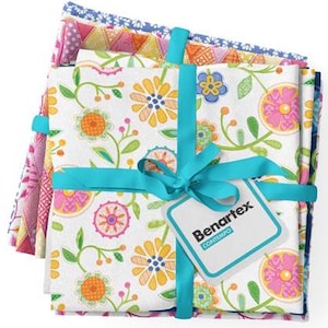 May include: A stack of four colorful fabric squares with a floral pattern, tied together with a turquoise ribbon and a gift tag that reads "Benartex CONTEMPO".