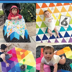 May include: A book cover titled "Quilts for Baby & Beyond" with images of colorful baby quilts. The quilts feature geometric patterns and bright colors. One image shows a baby in a stroller with a quilt.
