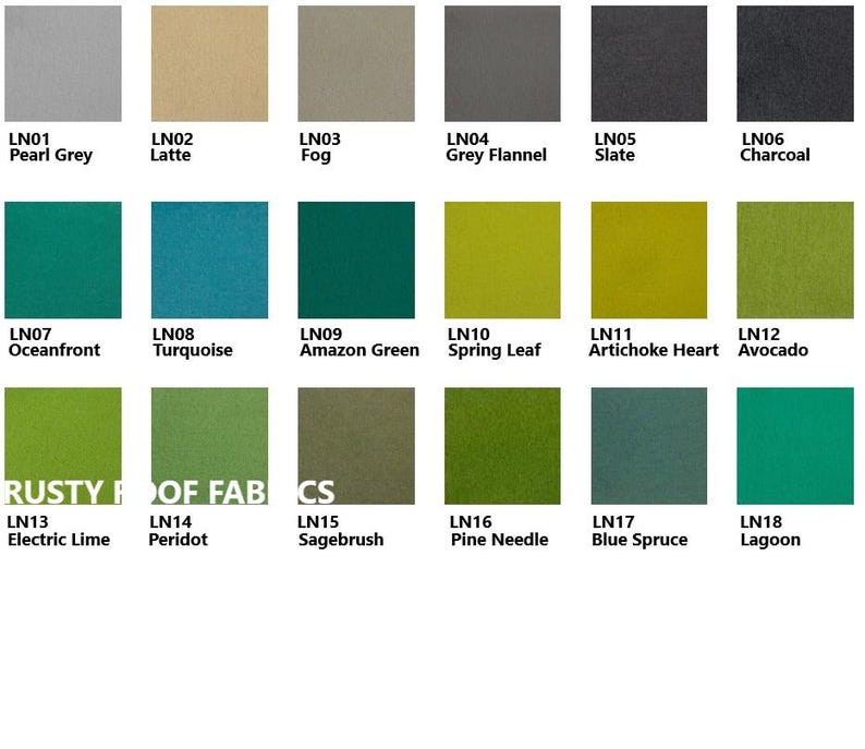 Puede incluir: Una carta de colores de 18 muestras de tela con nombres y n&uacute;meros. Las muestras est&aacute;n dispuestas en tres filas de seis. Los colores van del gris claro al verde oscuro.