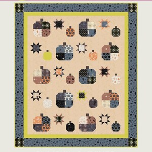 May include: A quilt pattern titled PUMPKIN PATCHED by Copper Kettle Quilt Company, featuring a beige background with various pumpkin and star blocks in shades of black, orange, gray, and lime green, with a dark patterned border.