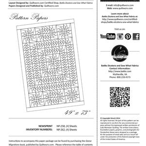 May include: A pattern paper titled "Pyrotechnic Geese" with a geometric design. The paper measures 49 x 73 inches. The design features a repeating pattern of angular shapes in black and white. The product is designed and published by Quiltworx.com.