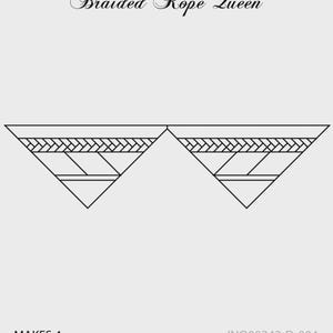 May include: A black and white graphic design featuring two mirrored triangular shapes. Each triangle has a braided rope design at the top and geometric lines. The text "Braided Rope Queen" is at the top, and "MAKES 4" is at the bottom.