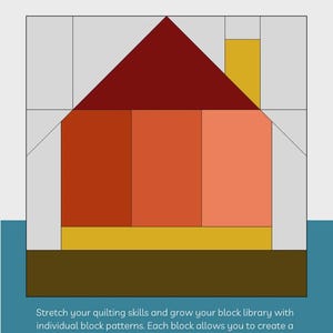 May include: A quilt block pattern titled The Sewing Loft Tiny House. The graphic shows a house with a dark red roof, a yellow chimney, and walls in shades of orange. Text includes "mix & match", "#Blocks2Quilt", and "2 finished block sizes: 12" X 12" | 6" x 6"."