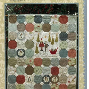 May include: A Christmas-themed wall hanging with a patchwork design. The quilt features octagonal patches in various colors and patterns, with a central panel depicting Santa, a reindeer, and a sleigh. The text "Merry Christmas Wallhanging" is at the bottom.
