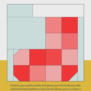 May include: A quilt block pattern titled The Sewing Loft Holiday Stocking. The graphic displays a grid-based stocking shape in shades of red and pink against a light blue background. Text includes 12" x 12" and 6" x 6" finished block sizes.