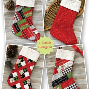 May include: Four Christmas stocking designs with white cuff and various patterns. The stockings are red, green, and black with holiday-themed prints. The finished size is 11" x 17". The text "Santa Socks" is at the top.