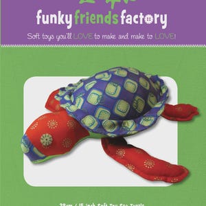 May include: A soft toy sea turtle with a blue and green patterned shell and red flippers. The toy is 15 inches long and features the text "Stu the SEA TURTLE". The background includes the text "funky friends factory".