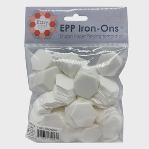 May include: A clear plastic bag filled with white, hexagon-shaped paper piecing templates. The bag has a label that reads "EPP Iron-Ons" and "English Paper Piecing templates". The templates are 2-1/2 inch hexagons.