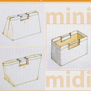 May include: Hand-drawn sketches of the Mini "H" Bag by Orange dot Quilts. The image shows multiple views of the bag, including a mini size at 11"w x 9"h x 5"d and a midi size at 13"w x 11"h x 7"d. The difficulty level is easy.