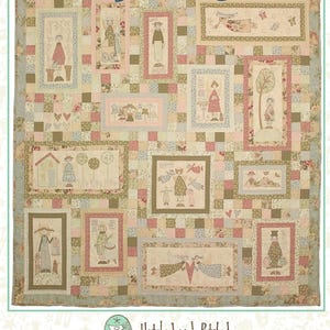 May include: A quilt pattern featuring a patchwork design with various images of angels, houses, trees, and hearts. The title of the pattern is "An Angels Story" and the pattern is by Hatched and Patched.