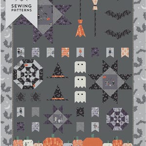 May include: A Halloween-themed quilt pattern featuring various spooky elements. The design includes stars, pumpkins, witch hats, ghosts, and bats in shades of gray, orange, and purple. The text "SPOOKY SAMPLER QUILT" is displayed at the bottom.