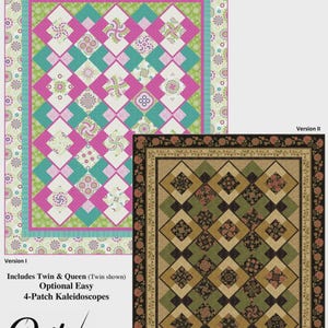 May include: Two quilt patterns are shown. The top quilt is Version I, with a pink, teal, and white diamond pattern. The bottom quilt is Version II, with a brown, green, and tan diamond pattern. The text "Belle Kaleidoscope" is at the top.