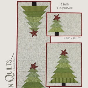 May include: A quilt pattern titled "Christmas Pines" featuring three quilt designs with Christmas tree motifs. The pattern includes measurements of 16" x 44 1/2", 12 1/2" x 18 1/2", and 18 1/2" x 22 1/2". The design includes green trees with red star toppers.