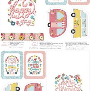 May include: A set of 10 printable digital scrapbook paper designs featuring vintage camper vans, floral wreaths, and text that says "Happy Day", "Not All Who Wander Are Lost", "Queen of the Camper", and "Let the Adventure Begin".