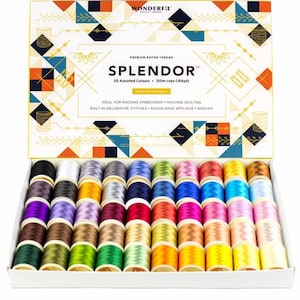 May include: A box of 50 spools of rayon thread in assorted colors. The box is labeled "Splendor" and "Premium Rayon Thread".