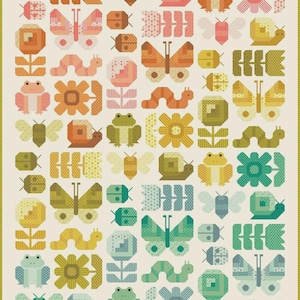 May include: A quilt featuring a repeating grid pattern of geometric insects, frogs, snails, and flowers in a palette of muted orange, yellow, green, and blue. The design includes stylized butterflies, bees, beetles, caterpillars, and blossoms.