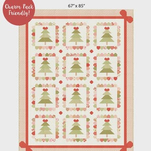 May include: A quilt pattern titled Pretty Pines by My Sew Quilty Life, measuring 67" x 85". The design features twelve blocks, each with a green gingham Christmas tree topped with a red heart, surrounded by a scalloped border of patterned fabric.