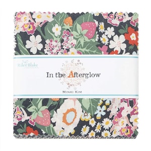 May include: A fabric bundle with a floral print on a black background. The fabric features strawberries, flowers, and leaves. The label reads "Riley Blake Designs" and "In the Afterglow" by "Minki Kim".