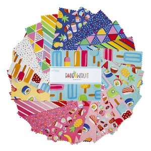 May include: A collection of colorful fabric squares arranged in a circular pattern. The fabric features various food-themed designs, including ice pops, sushi, and coffee cups, with the text "RAINBOWFRUIT" on a white label.