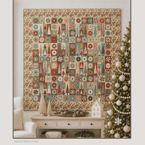 May include: A square quilt titled Dresden Forest measuring 72 inches by 72 inches, featuring a repeating pattern of stylized trees and floral motifs in shades of red, green, and cream. The border displays a dense holly leaf and berry print.