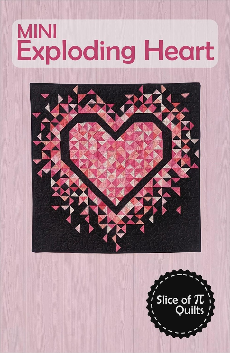 Puede incluir: Un tapiz de pared acolchado con un dise&ntilde;o de coraz&oacute;n. El coraz&oacute;n est&aacute; lleno de tri&aacute;ngulos rosas y blancos, delineados en negro, sobre un fondo negro. El texto "MINI Exploding Heart" se muestra en la parte superior.