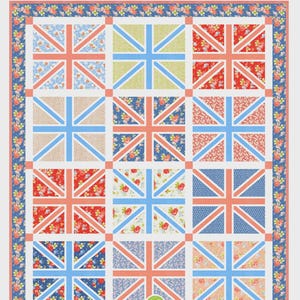 May include: A patchwork quilt with a Union Jack design. The quilt features squares with red, blue, and floral patterns, bordered by a floral print. The text "Jumping Jacks" and "Fat Quarter Friendly!" are visible.