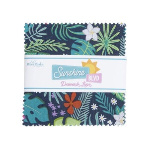 May include: A pack of fabric squares featuring a tropical print with green leaves, white flowers, and a red flower on a dark blue background. The pack is labeled "Sunshine Blvd. Damask Love" by Riley Blake Designs.