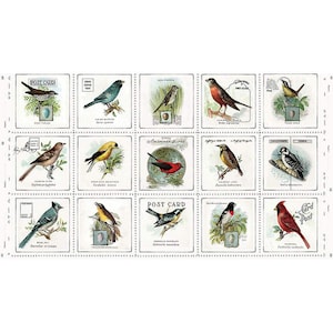 May include: A sheet of vintage-style postcards featuring illustrations of various American birds. Each postcard has a unique bird illustration with its name and a "Post Card" label. The postcards are arranged in a grid pattern.