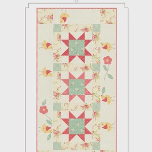 May include: A rectangular quilt with a floral and star pattern. The quilt features red, green, and cream colors, with images of birds and flowers. The text "Chick Party" is at the bottom of the quilt.