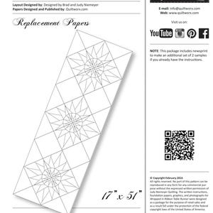 May include: A white and gray table runner pattern titled "Wrapped in Ribbon." The design features geometric starburst patterns. The package includes replacement papers and measures 17 x 51 inches.