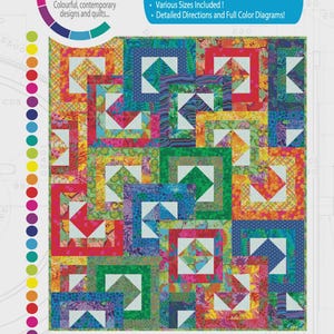 May include: A colorful quilt pattern with squares and triangles in various colors. The quilt is made with fat quarters and design strips. The text "All Stacked Up" is visible.
