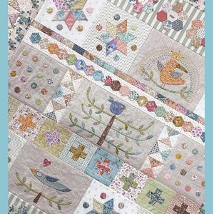 May include: A patchwork quilt pattern with the text "WE THREE BIRDS" at the top. The quilt features various fabric patterns, including floral, geometric, and bird motifs. The Birdhouse Patchwork Designs logo is at the bottom.